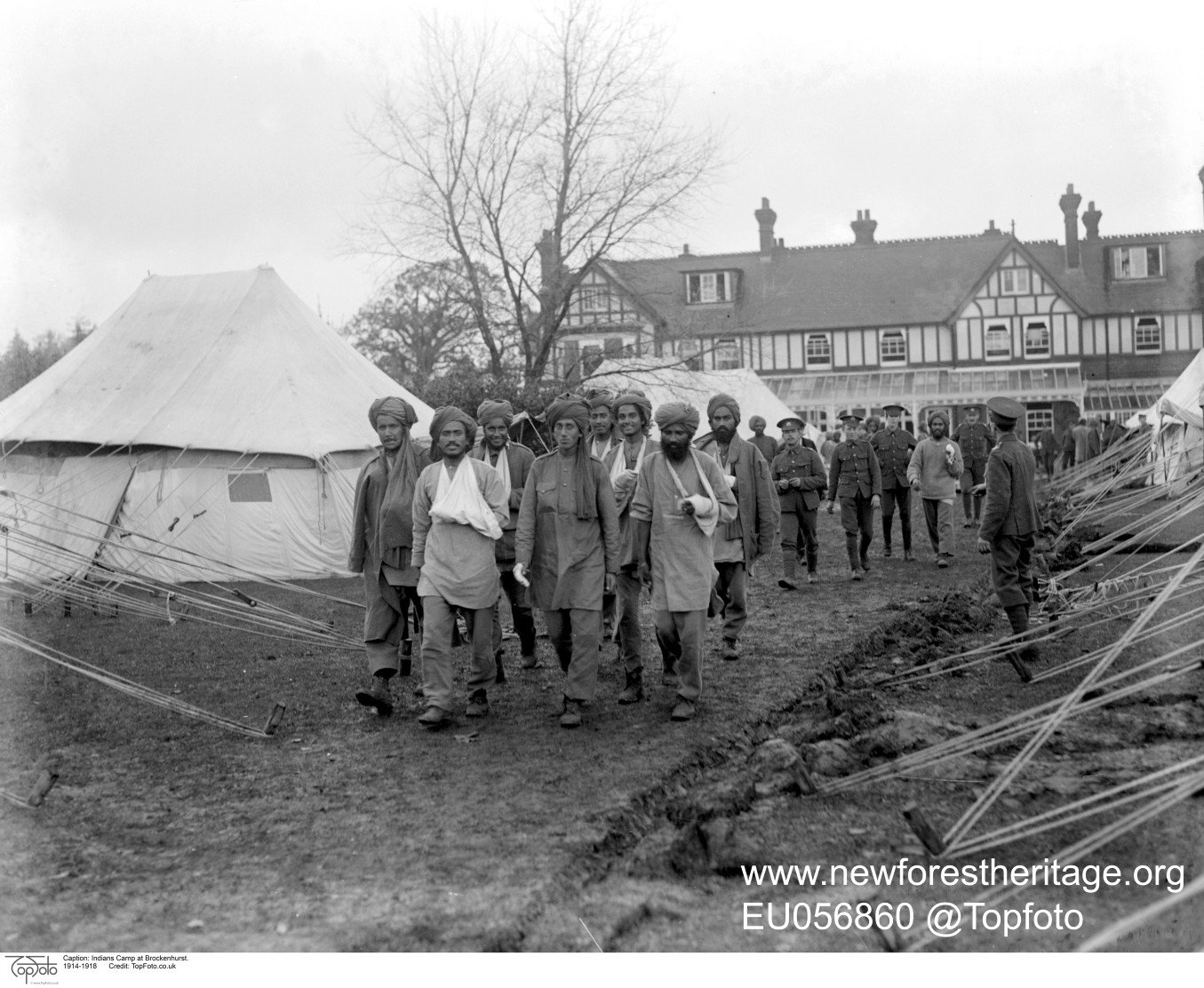 Indian patients returning to tented accommodation in grounds of Forest Park Hotel, The Lady Hardinge Hospital for Wounded Indian Soldiers, Brockenhurst. 1914