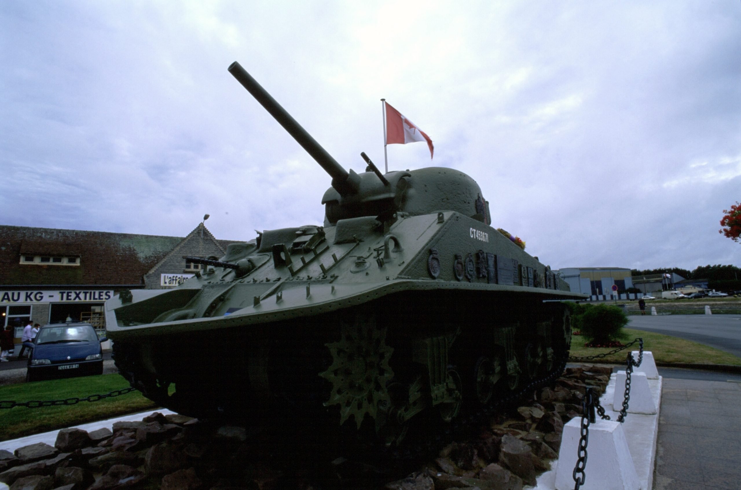 A photo of a Sherman Tank, on perm display at Juno Beach in remembrance of the Canadian Forces