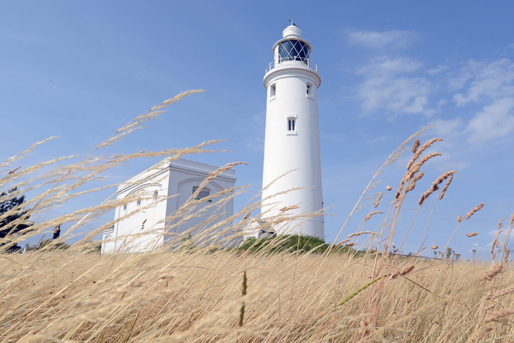 A white Lighthouse with grass in the foreground