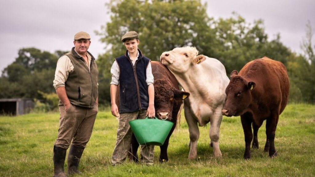 two farmers with three cows in a field