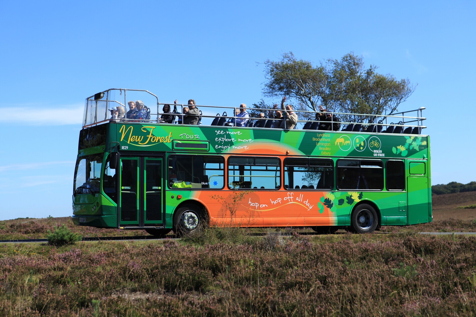A green and orange open top bus