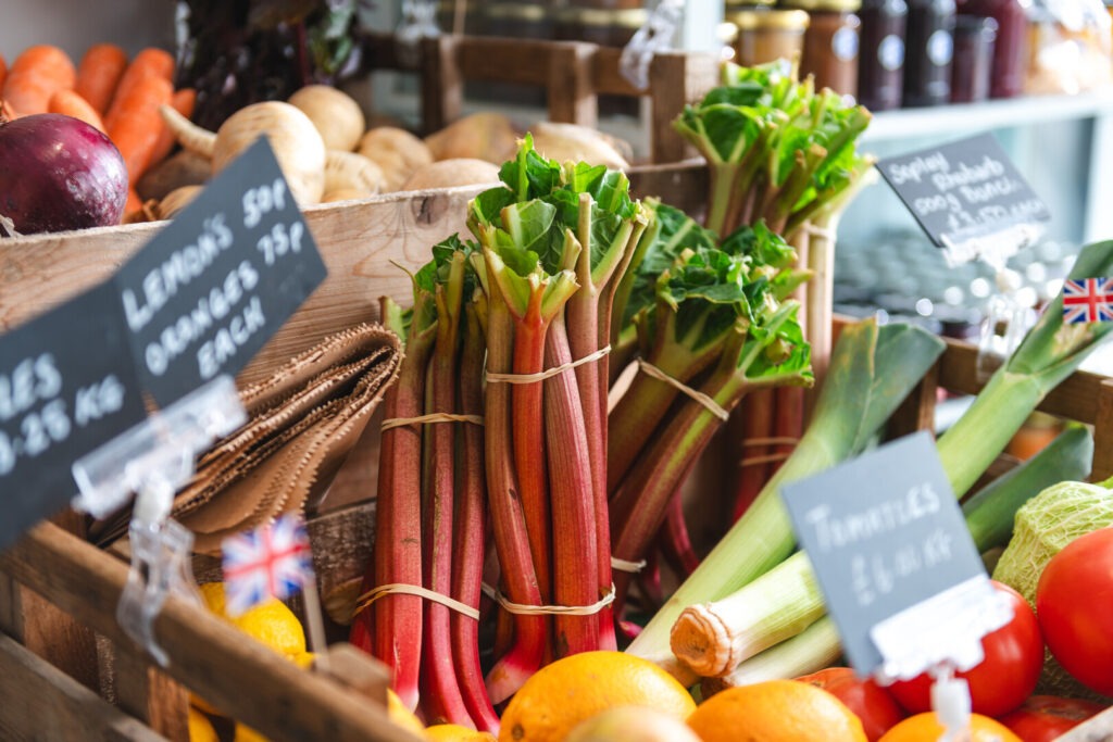 Fruit and vegetables in basket farm shop