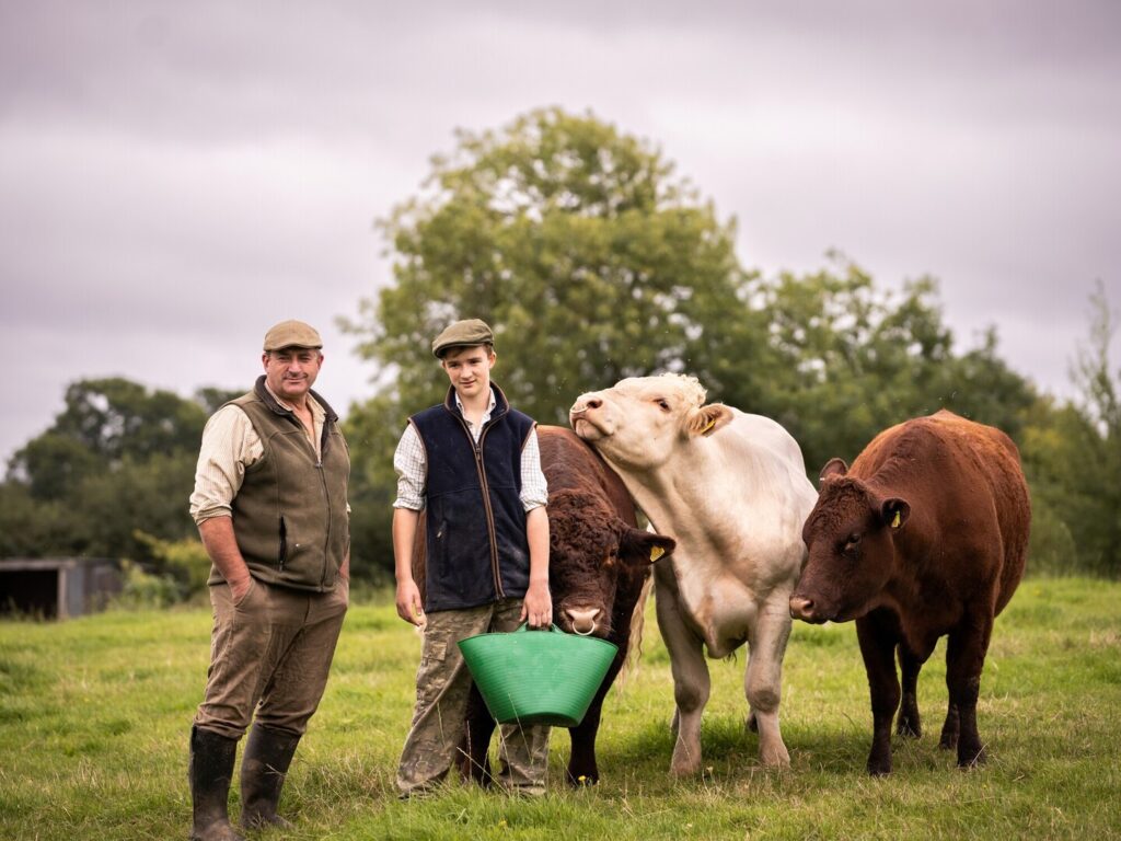 Farmer and son next to cows in a field