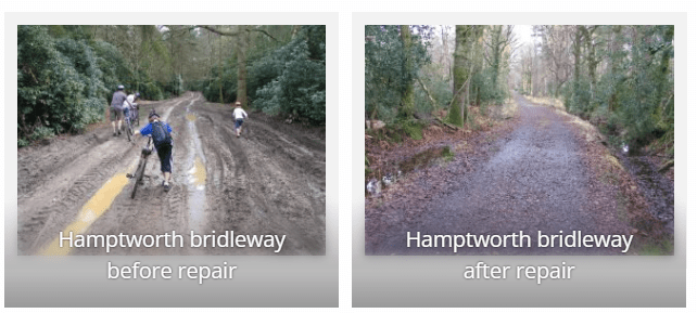 a muddy bridleway and a picture after repairs