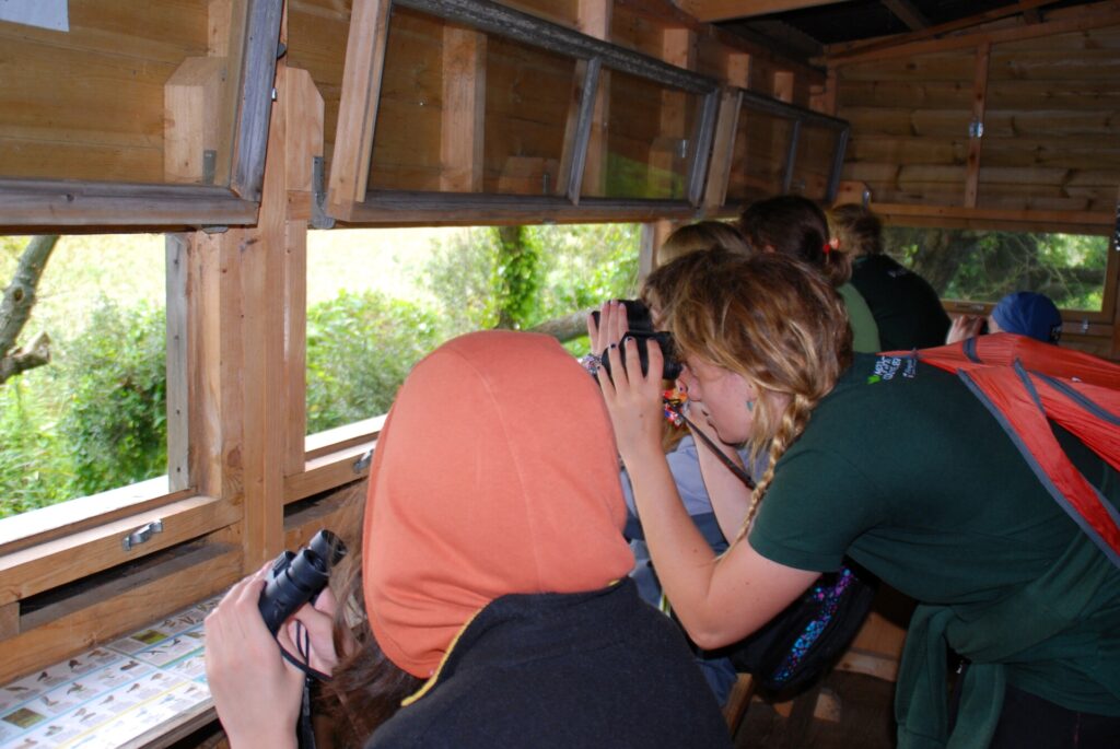 A group of teenagers with binoculars in a bird hide