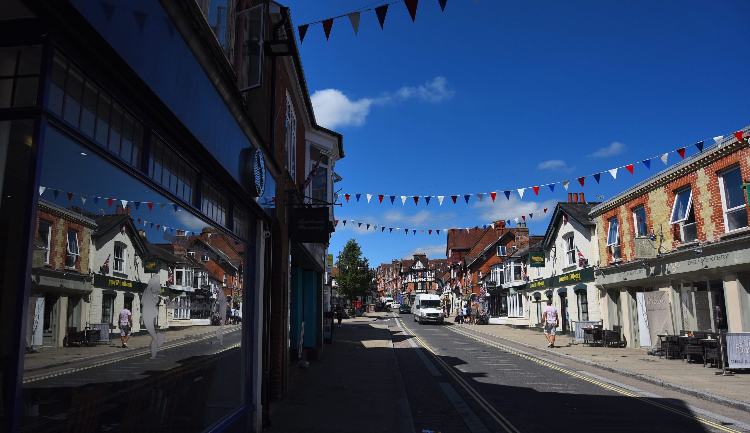 A high street with bunting