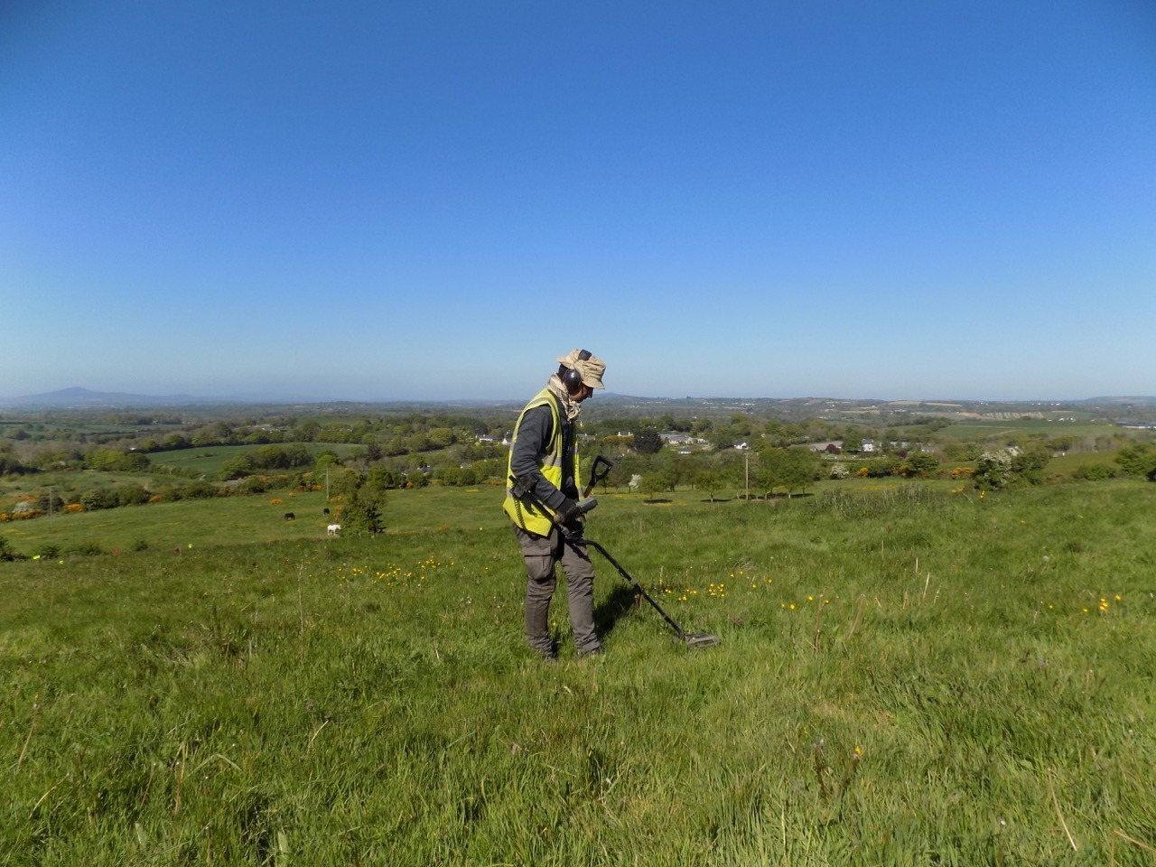 A man with a metal detector in a field on a sunny day
