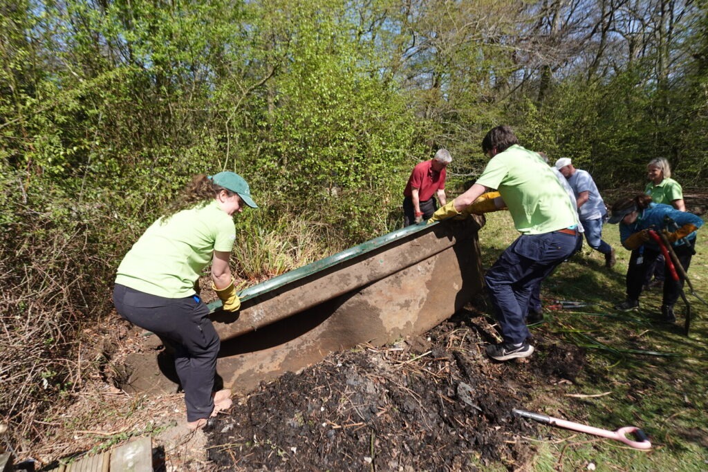 A team of volunteers work together on a conservation task.