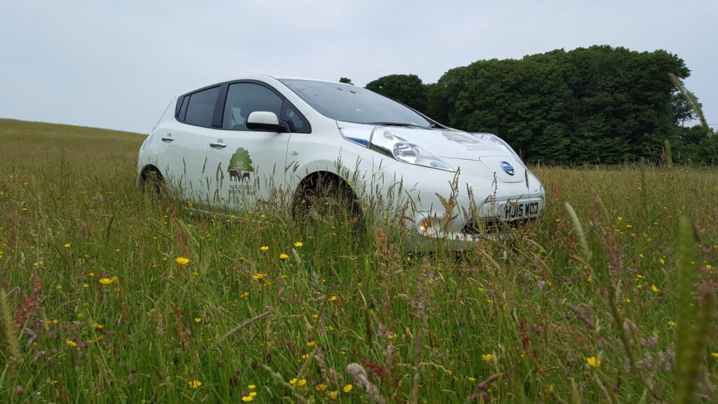 An electric car with NPA branding in a field