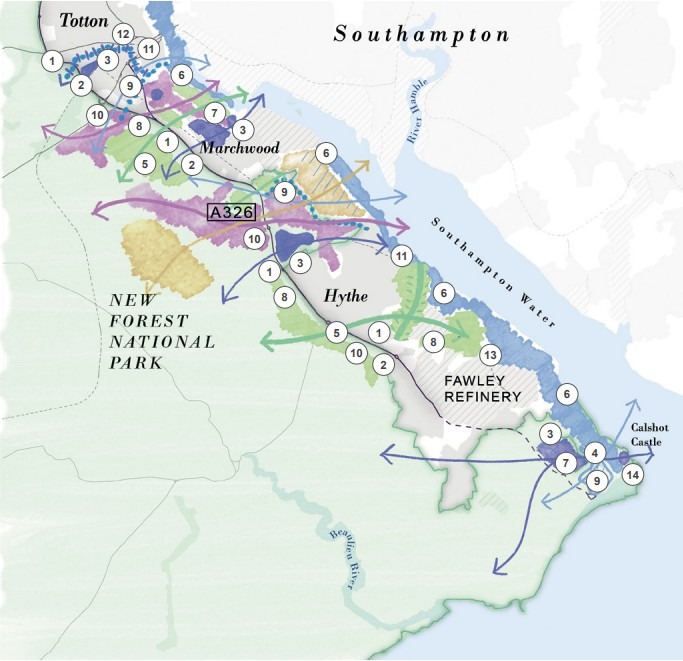 Illustrative map of Waterside near Southampton showing green link routes and numbered sites around Totton, Marchwood, Hythe and Fawley Refinery
