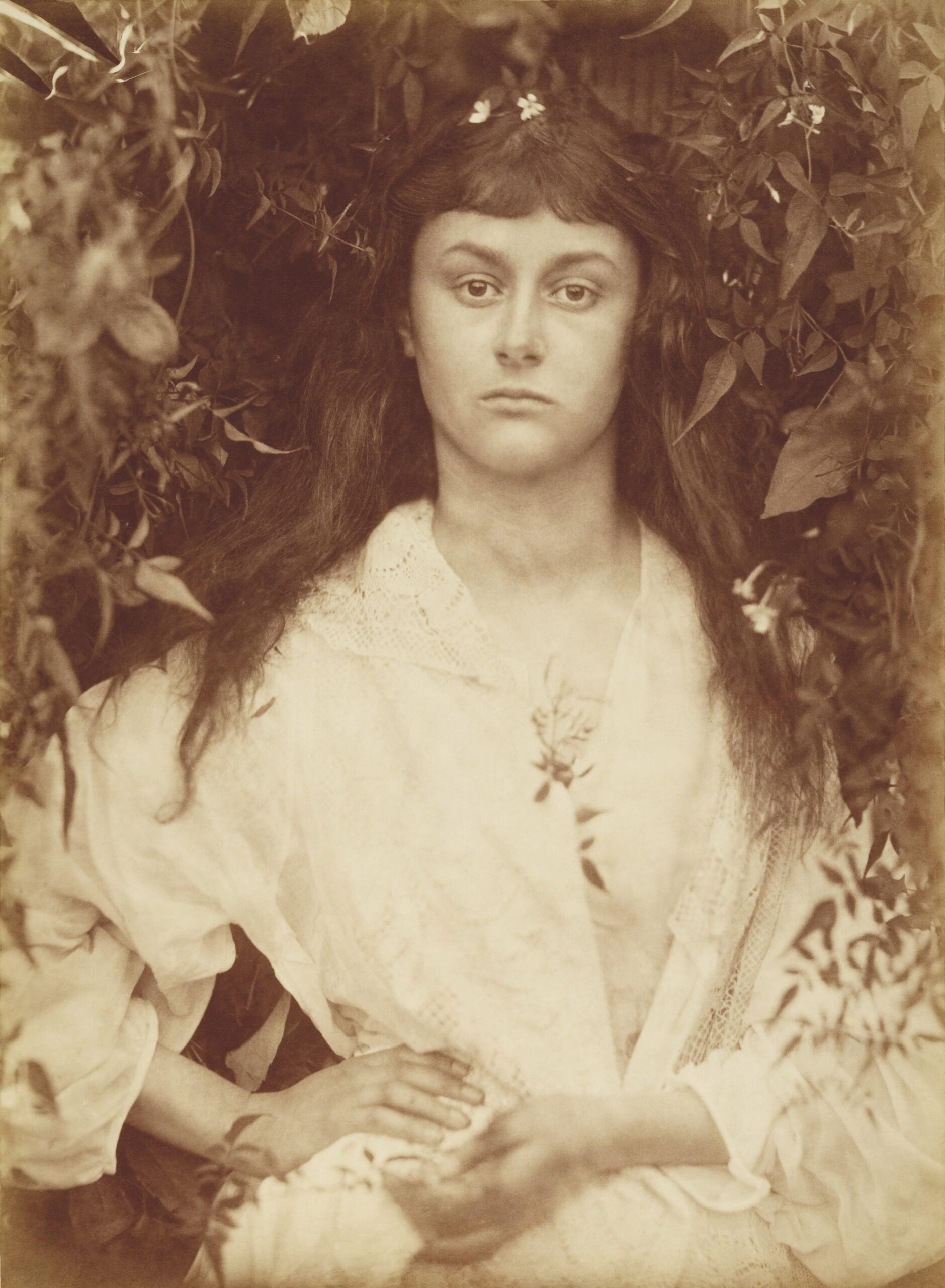 Sepia portrait of Alice Liddell as Pomona, in a white dress amid foliage, long hair loose and staring directly at camera