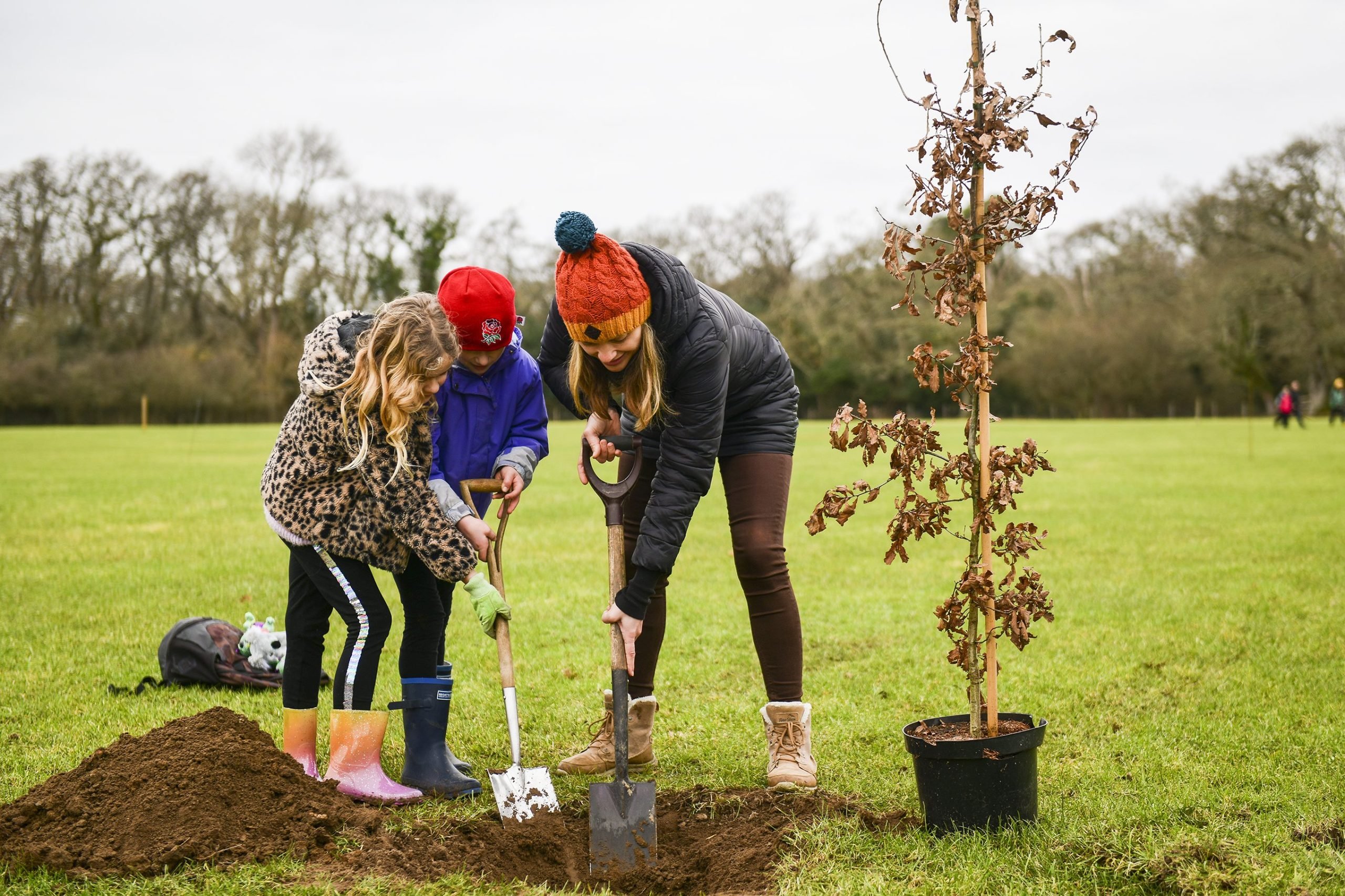 Family planting a tree at New Park