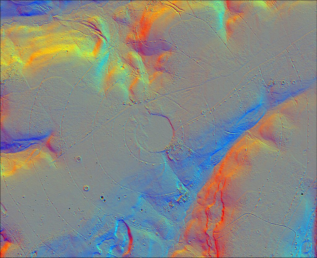 LiDAR map of RAF Stoney Cross Airfield showing intersecting runways and surrounding terrain in false-color elevation shading