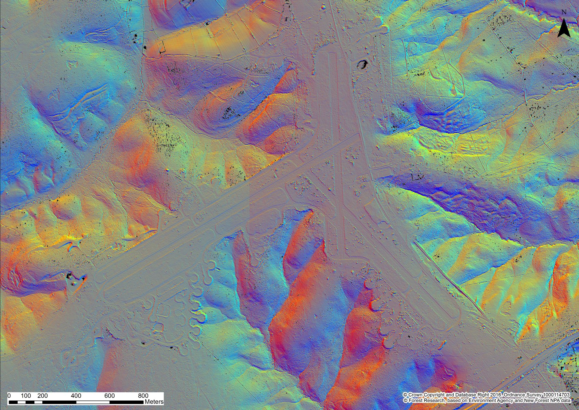 LiDAR map of RAF Stoney Cross Airfield showing intersecting runways and surrounding terrain in false-color elevation shading