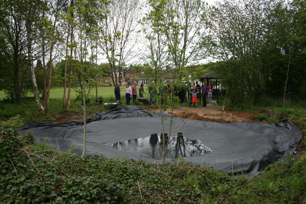 New pond lined with black plastic and a shallow pool of water, with a group of people standing beside it among trees