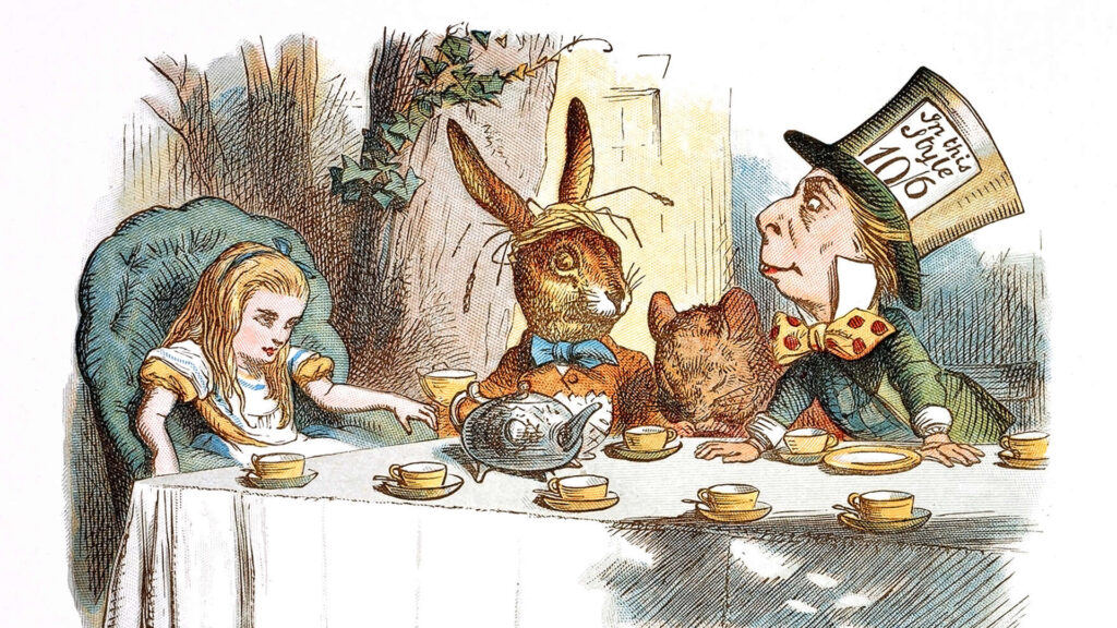 Alice at a tea table with the White Rabbit, Dormouse, and Mad Hatter wearing a hat labeled This is not quite 10/6