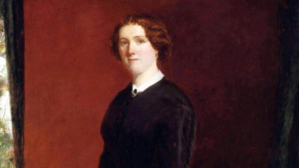 Painted portrait of Mary Elizabeth Braddon wearing a black dress with white collar, standing against a dark red background