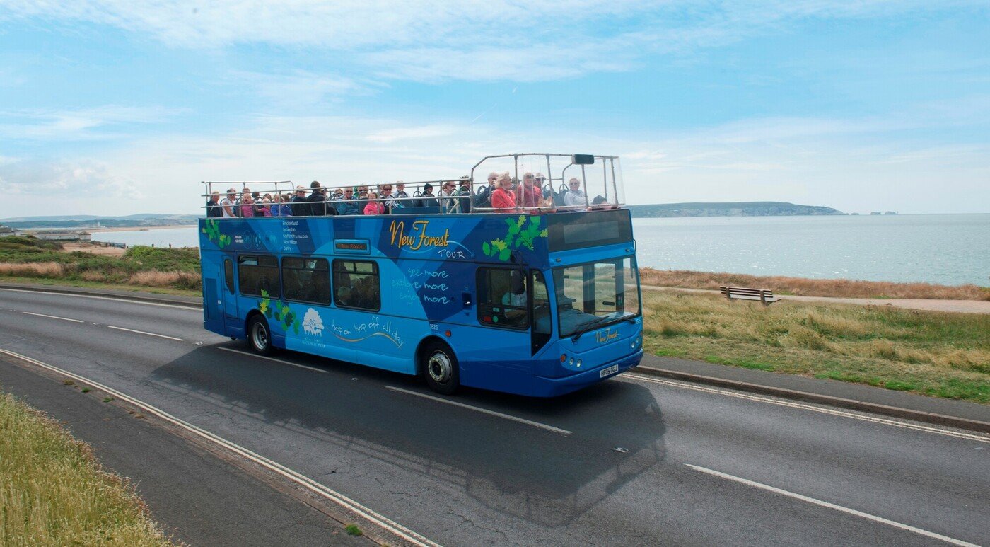 The blue New Forest Tour bus on a coastal road