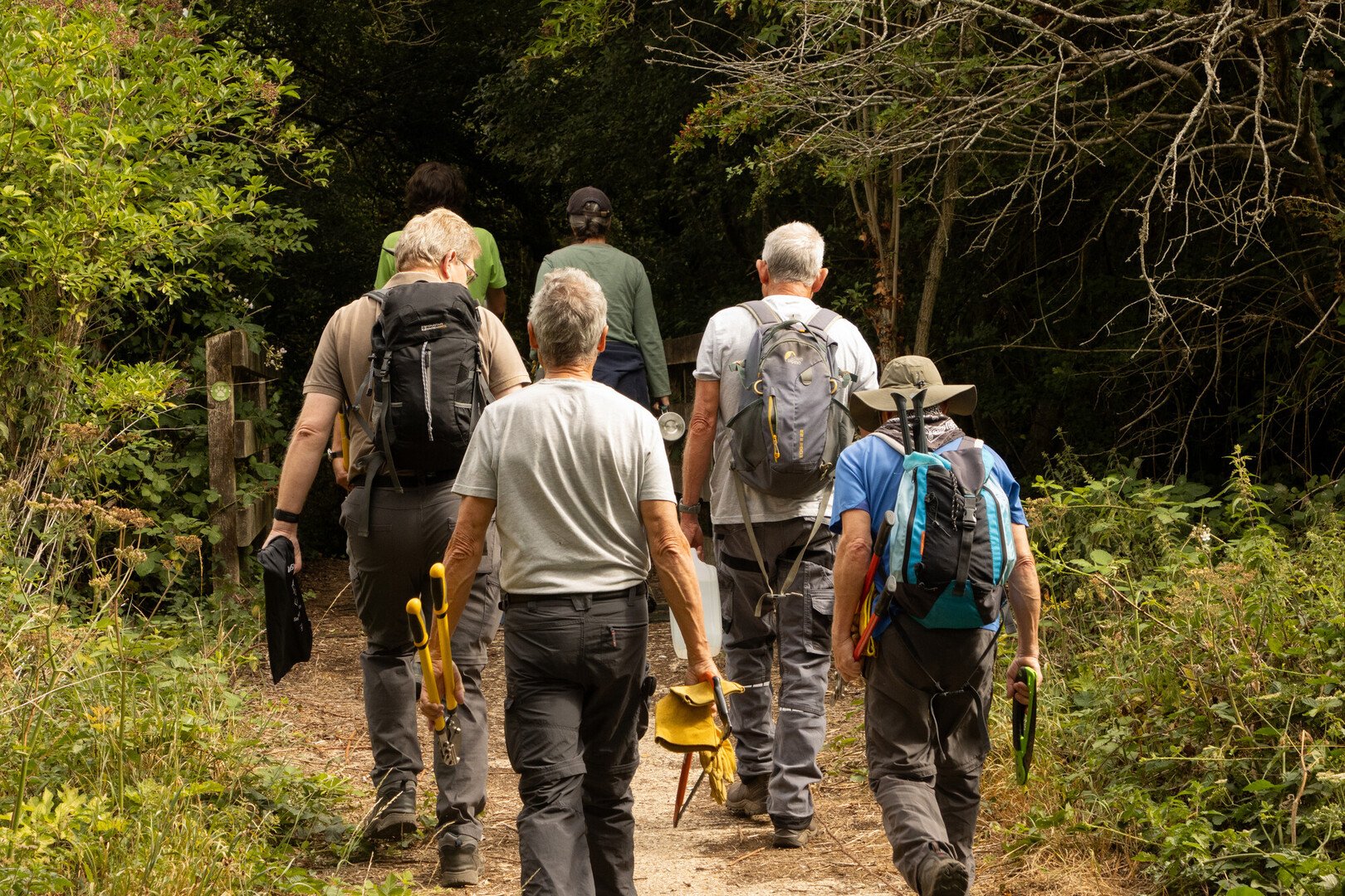 Volunteers walk along the former Breamore Railway Line with tools.