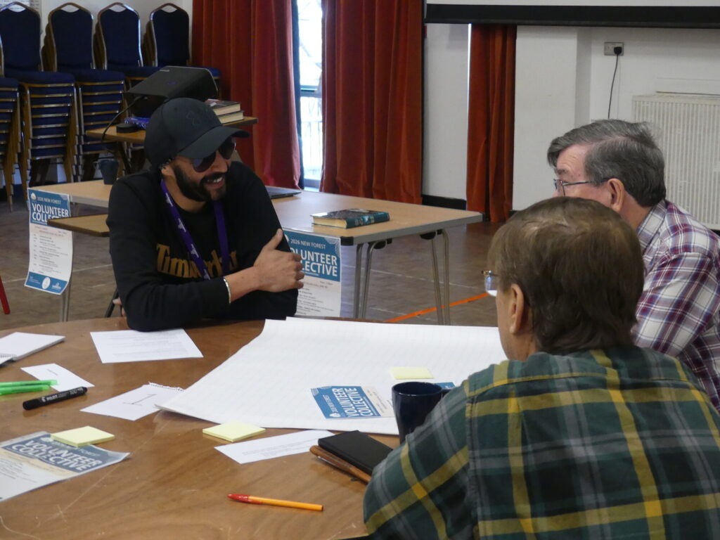 Three people in a community hall meeting at a table with papers, sticky notes and Volunteer Collective posters in the background