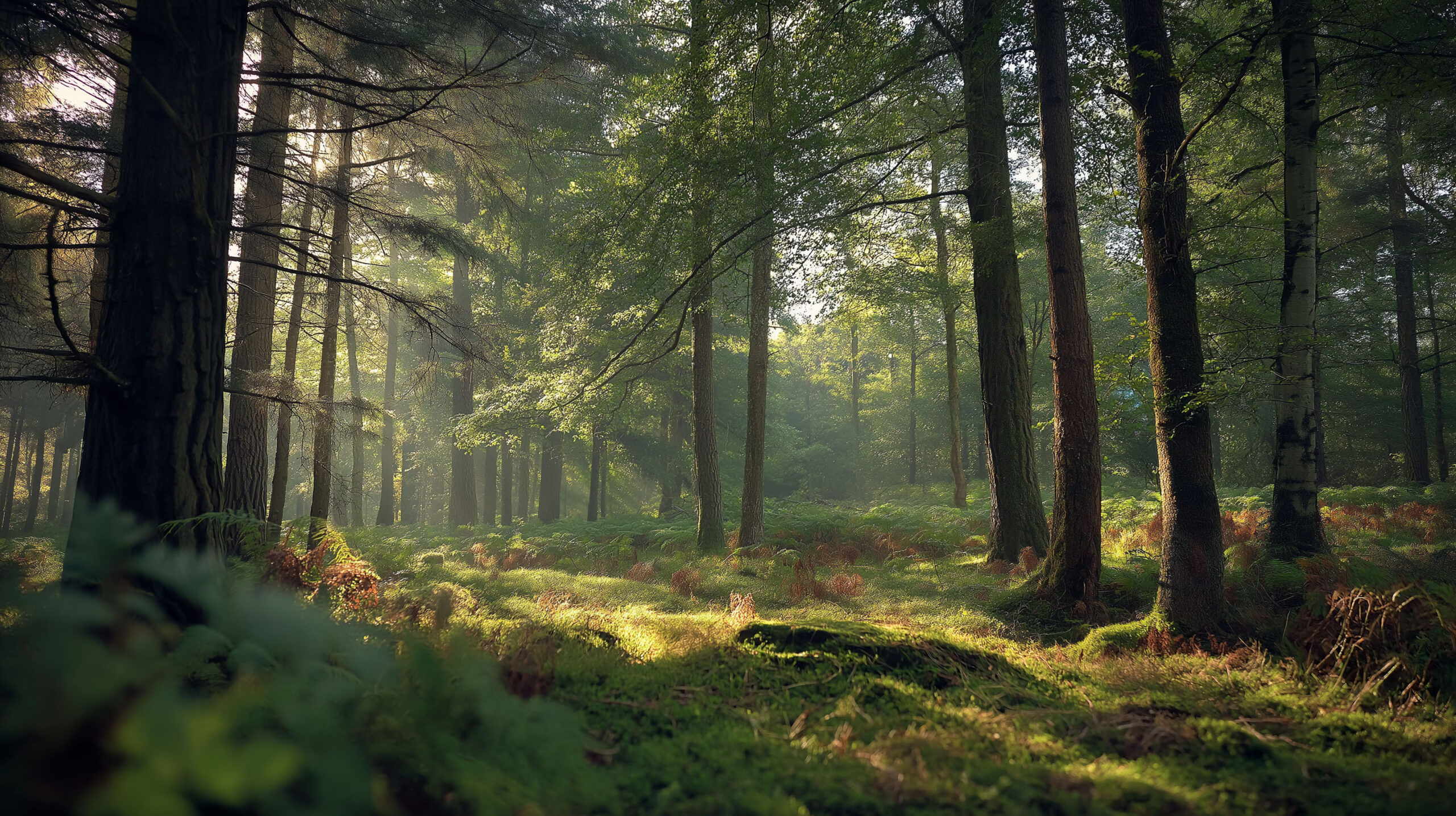 Sunlight filters through tall trees in a misty forest, illuminating mossy ground and ferns
