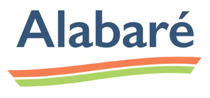 Alabaré logo with dark blue text and two curved stripes underneath, orange above green on a black background