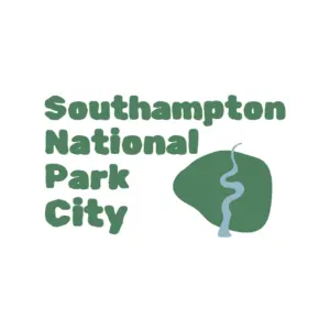 Southampton National Park City logo with green text and a green leaf graphic with a blue river running through it