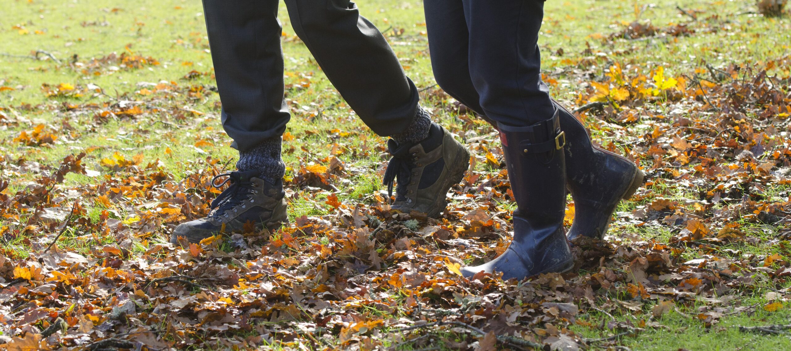 People walk through leaves as seen from the knees down