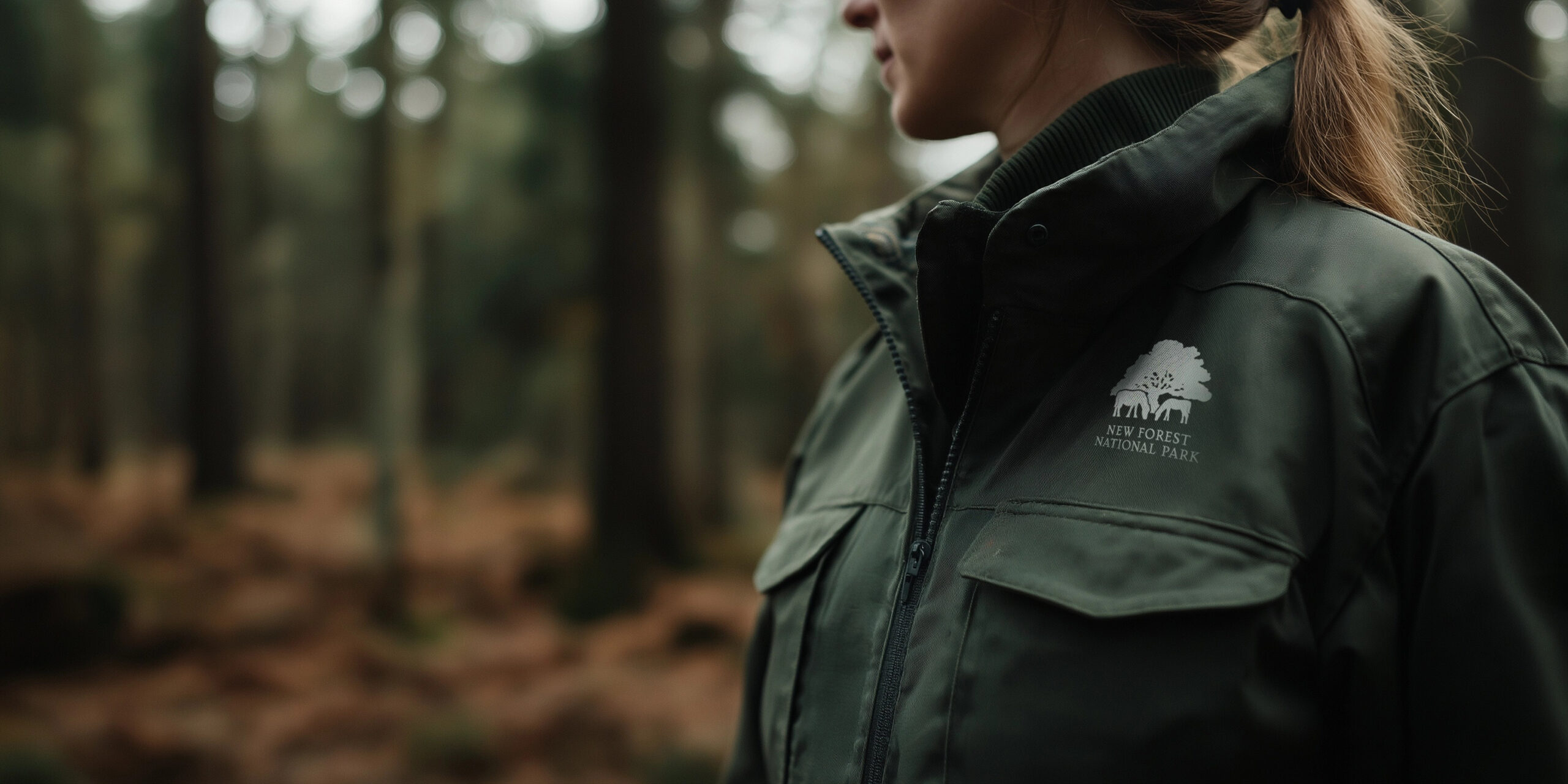 Park ranger in a green New Forest National Park jacket standing in a woodland, shown from the side